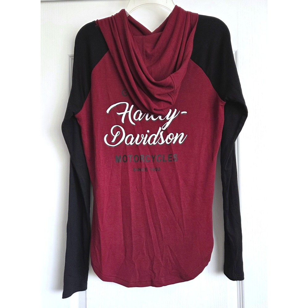Harley-Davidson Womens Burgundy Ribbed Raglan Long Sleeve Hoodie Shirt Size M